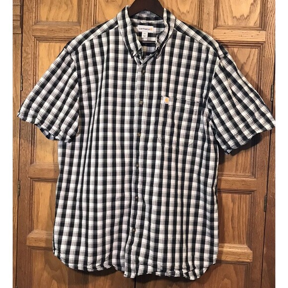 Carhartt Black Plaid Shirt Men's 2XL Button Down Short Sleeve Casual Work Shirt - Picture 4 of 13